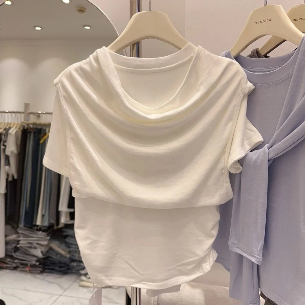 Design Sense Niche Shawl Faux Two - piece T-shirt Women's Short - sleeved Top Solid Color Short Top - Zeprah