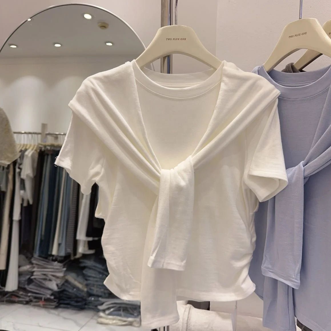 Design Sense Niche Shawl Faux Two - piece T-shirt Women's Short - sleeved Top Solid Color Short Top - Zeprah