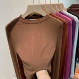 2025 Autumn Winter Women's Light Fleece Round Neck Long Sleeve T-Shirt Base Layer Pullover Fashionable Inner Wear