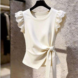 Summer New Arrival Women French Elegant Designer Crew Neck Tie Waist Irregular Flutter Sleeve T-Shirt Chic Lady Casual Tops