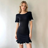 Women Short Sleeve Ruffle Trim Knit Bodycon Mini Dress Round Neck Slim Fit Party Club Short Dress Elegant Solid Knitted Dress