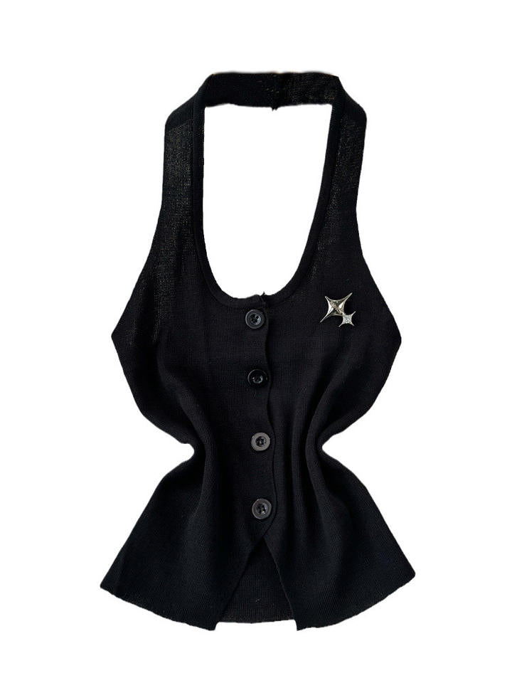 Halter Neck Star Rhinestone Button Knit Tank Top Women Sleeveless Slim Cropped Vest
