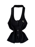 Halter Neck Star Rhinestone Button Knit Tank Top Women Sleeveless Slim Cropped Vest