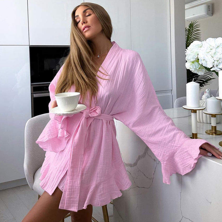 Autumn Long-Sleeve Pajama Set - Ruffled Cotton Crepe Robe with Shorts, Loose Women's Loungewear for Cross-Border Sales