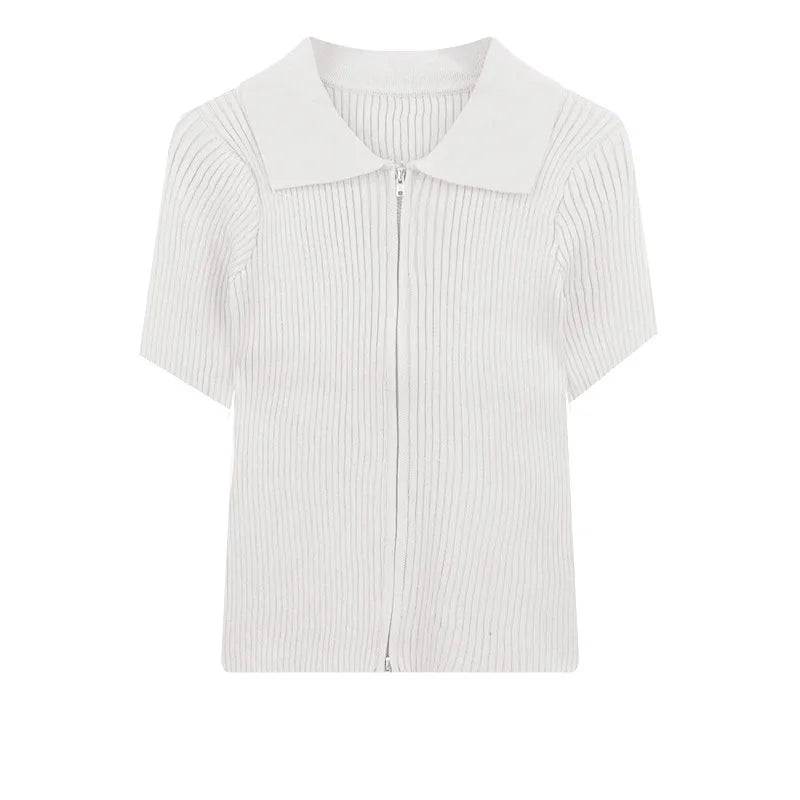 Double Zipper Women's Clothing Knitted Tops for Women Plain Short - Sleeved Tee - Zeprah