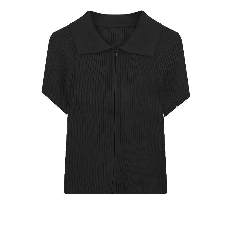 Double Zipper Women's Clothing Knitted Tops for Women Plain Short - Sleeved Tee - Zeprah