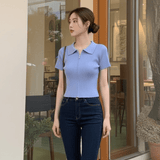 Double Zipper Women's Clothing Knitted Tops for Women Plain Short - Sleeved Tee - Zeprah