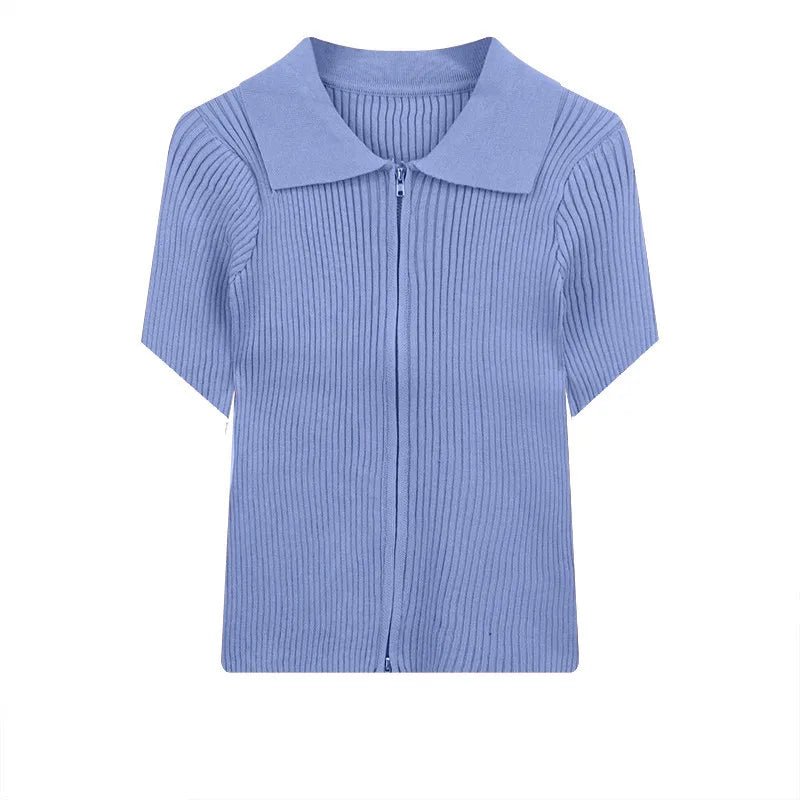 Double Zipper Women's Clothing Knitted Tops for Women Plain Short - Sleeved Tee - Zeprah