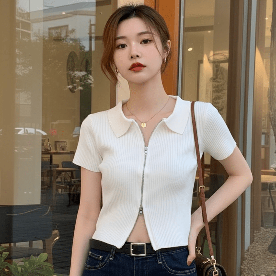 Double Zipper Women's Clothing Knitted Tops for Women Plain Short - Sleeved Tee - Zeprah