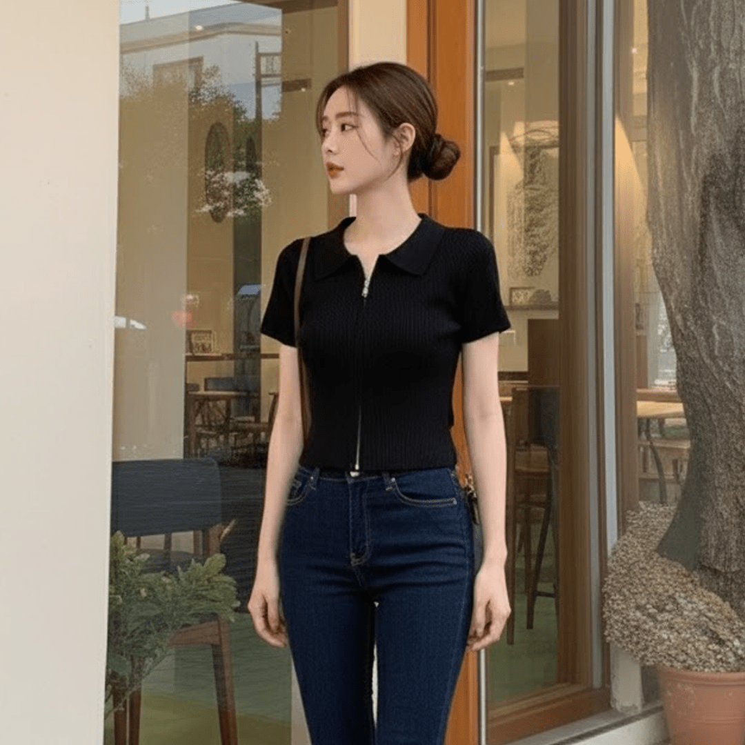 Double Zipper Women's Clothing Knitted Tops for Women Plain Short - Sleeved Tee - Zeprah