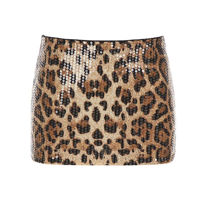 Dropped Waist Low Rise Wrap Bodycon Leopard Animal Print Shiny Sequin Mini Skirt Sexy Party Wear Clubwear for Women - Zeprah
