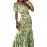 Off Shoulder Puff Sleeve Cutout Waist Floral Print Tiered Maxi Dress Women Summer Boho Vacation Beach Long Dress