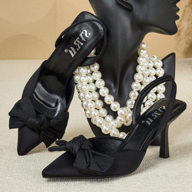 Bow Talon Haut Pointed Toe Slingack Female Shoes Sandals Elegant Heels Mules for Women