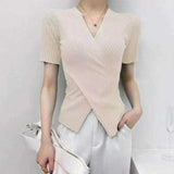 New Arrival Women's Wrap V-Neck Knit Short Sleeve Top with Ribbed Texture & Asymmetrical Hem