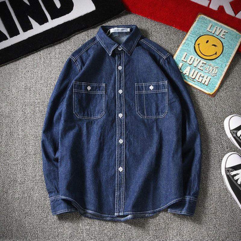 Men's Slim Fit Denim Shirt Korean Style Trendy Casual Long Sleeve Button Down Thin Couple's Shirt for Spring & Autumn