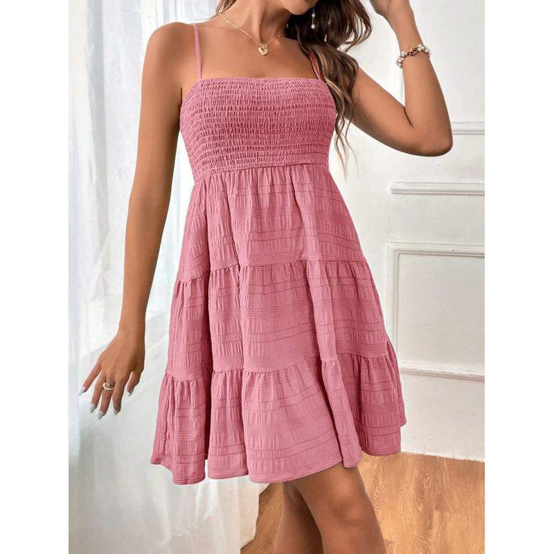 Women Spaghetti Strap Smocked Bust Tiered Ruffle Mini Dress Square Neck Loose Swing Summer Casual Beach Dress