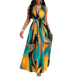 Women's Long Flare Dress Tropical Printed V-Neck Slim Dress Twisted Knit Waist Design Dress