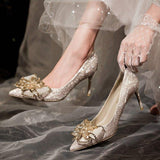 Wedding Chaussure Fashion Crystal Rhinestone Luxury High Covering Stiletto Gold Heels for Women