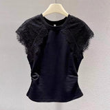 Women Round Neck Lace Cap Sleeve T Shirt Side Ruched Slim Fit Solid Color Casual Blouse