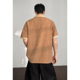 Men Contrast Cuff Lapel Textured Short Sleeve Polo Shirt Loose Vintage Neutral Tone Casual Summer Top