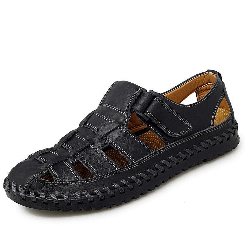 Premium Handcrafted Men's Roman Style Leather Sandals Adjustable Hook & Loop Flat Leather Sandals