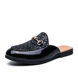 Men's Fashion Glitter Patent Pu Mules Backless Slip on Style With Decorative Metal Buckle for Night Out Parties