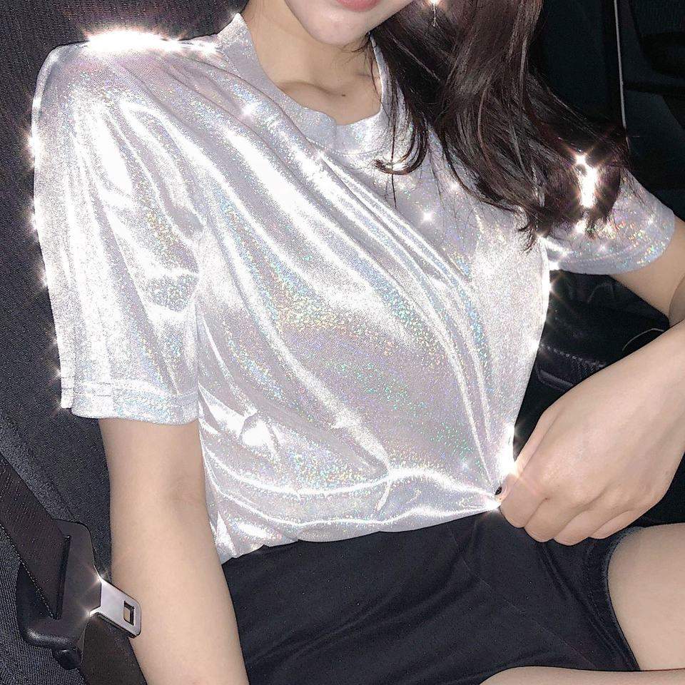 New Summer Retro Style Stylish Bright Silk Woman Tops Shiny Loose Short Sleeve T-shirt Sexy Club Aesthetic Harajuku Women Tshirt