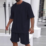 Men's Casual Textured 2 Piece Outfit, 2026 New Arrival Crew Neck Short Sleeve T-Shirt & Drawstring Shorts Set