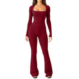 Women Square Neck Long Sleeve Ribbed Jumpsuit Bodycon Flare Leg One Piece Outfit Solid Stretch Slim Fit Casual Bodysuit Pants