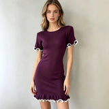 Women Short Sleeve Ruffle Trim Knit Bodycon Mini Dress Round Neck Slim Fit Party Club Short Dress Elegant Solid Knitted Dress