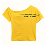 Women One Side Off Shoulder Letter Print Ruched Crop T Shirt Short Sleeve Casual Y2K Blouse