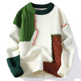 Fashion Streetwear Men Patchwork Cable Knit Pullover, Color Block Loose Warm Autumn Winter Sweater