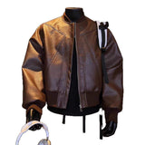 Men Brown Faux Leather Bomber Jacket Stand Collar Geometric Stitching Cropped Motorcycle Streetwear Outerwear