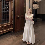 Elegant Women Pink Ruffle Square Neck Maxi Dress Flutter Cap Sleeve Corset Waist Pleated Flowy Long Dress