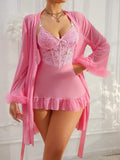 Pure Desire Sexy Lace Set Women's Sheer Temptation Robe & Ruffled Strap Nightdress