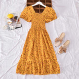 Square Collar Floral Skirt Women's High Waist Floral Dress A-line Dress Elastic Waist Dress