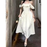 White Off Shoulder Ruffle Maxi Dress Spaghetti Strap Elegant A-Line Party Dress for Women