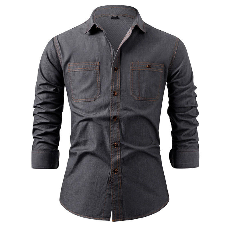 Men's American Style Denim Shirt Cotton Wrinkle Resistant Solid Color Long Sleeve Casual Jacket Trendy Outerwear for Men