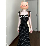 New French Tea-Length Dress Square Neck Lace Ruffle Polka Dot Dress Women Backless Waist Slim Long Dress for Summer