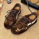 Leopard Print Suede Patchwork Casual Sneakers for Women 4cm Low Top Flat Walking Shoes Comfortable Daily Footwear