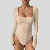Women Solid Square Neck Long Sleeve Bodysuit Slim Fit High Cut Basic Bodycon Jumpsuit Ladies Daily Layering Top