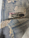 Summer Hip Hop Style Denim Men Shorts Straight Leg Harem Pants with Big Knee Destruction and Cashew Flower Ripped Design Shorts