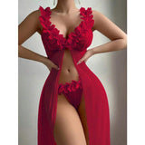 New Arrival Sexy Women's Nightgown Set - Lace Trimmed Split Design Long Sleepwear, Erotic Loungewear Two-Piece Set