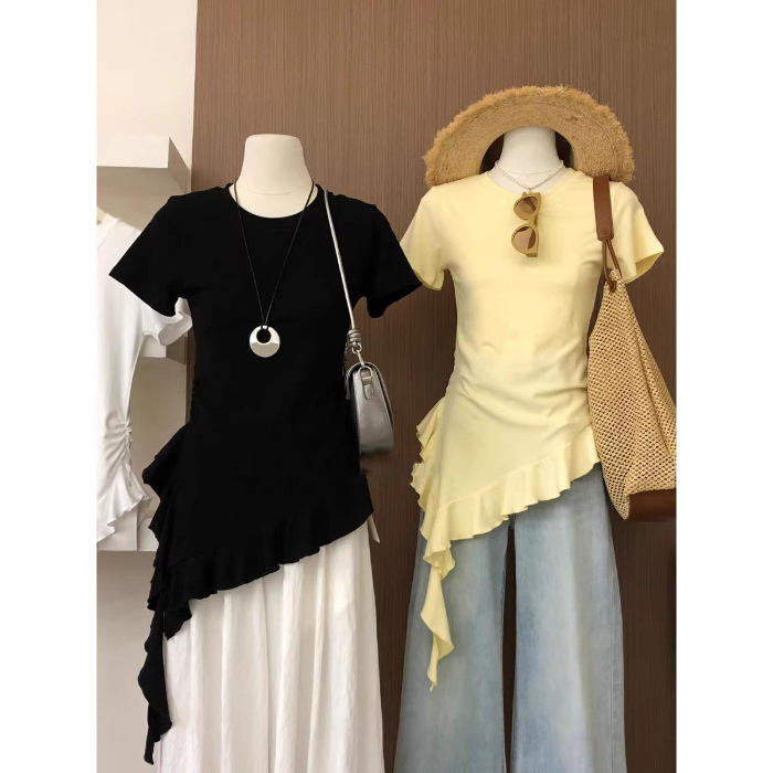Women Solid Round Neck Short Sleeve T-shirt Irregular Ruffle Hem Ruched Side Slim Fit Asymmetric Casual Blouse Going Out Tops