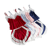 Women's Sexy Lace Sleeveless V-Neck Satin Sling Vest Top Shorts Summer Two Piece Pajama Sets with Front  Sleepwear Nightwear