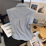 Stripe Chiffon Shirt Casual Tops for Women Loose-fit Short-sleeved Blouse