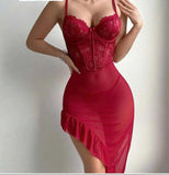 Sexy Lace Trim Erotic Lingerie | Women's Underwire Push-up Camisole Sheer Mesh Nightdress