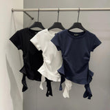 Korean Hot Girl Short Sleeve Tee, Round Neck Regular Shoulder, Irregular Ruffled Stylish Top