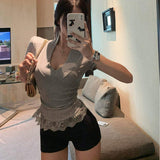2026 New Arrival Women's Deep V-Neck Lace Trim T-Shirt Short Sleeve Ruched Slim Fit Top