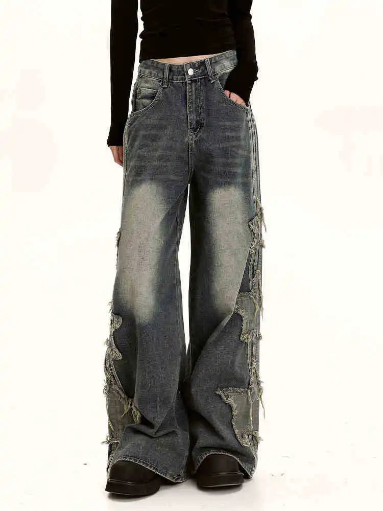 Early Spring Vintage Washed Star Patch Jeans for Men and Women Loose Fit Slimming Wide Leg Floor Length Trousers with Drape - Zeprah